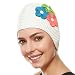 Latex Bubble Crepe Swim Bathing Cap with 3 Flowers - White with Green, Blue, Purple Flowers