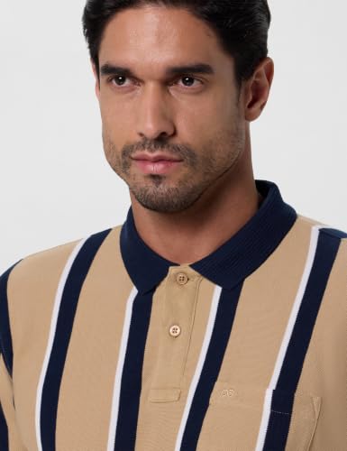 Image of Peter England Men's 100% Cotton Vertical Striped Polo T-Shirt - Casual Wear | Sleek & Comfortable