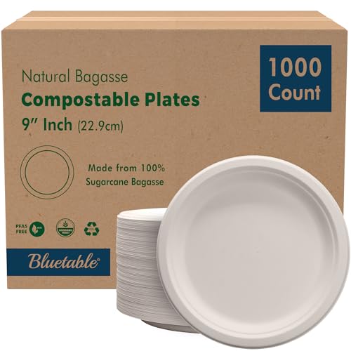 Compostable Paper Plates 9 Inch Bulk Plates [1000 Case Pack] - Biodegradable Made from 100% Sugarcane - Heavy Duty Disposable - Eco Friendly - Bagasse Dinner Natural Recycled Plate [1000 Case]