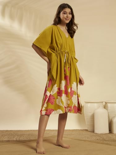 Image of Ravaiyaa Women Printed Cotton V-Neck Knee Length Kaftan Dress Nighty