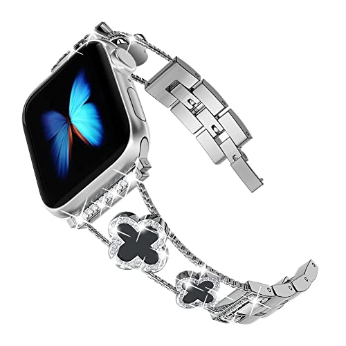 Image of Musk-MSKR Diamond Metal Bands Add Sparkle to Your Watch For Apple Watch Series 11 /10 /9 /8 /7 /6 /5 /4 /3 /2 /SE /Ultra Clover Simple and Stylish Compatible with 38mm40mm41mm42mm44mm45mm 46mm49mm Women's Wear