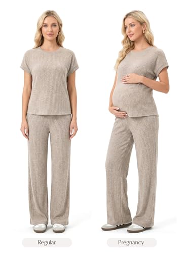 BLENCOT Maternity Clothes Short Sleeve 2 Piece Lounge Pants Sets Brown M