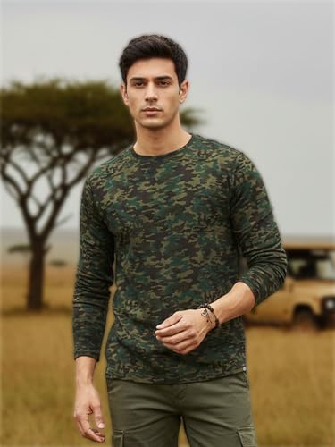 Image of Urbano Fashion Men's Olive Green, Khaki Military Camouflage Printed Slim Fit Full Sleeve Cotton T-Shirt