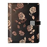 EtherSpher Cuaderno de estilo gótico espacial, con forro de cuero negro y oro rosa, cuaderno universitario portátil con rayas para planificar 6.7 x 9.2 pulgadas