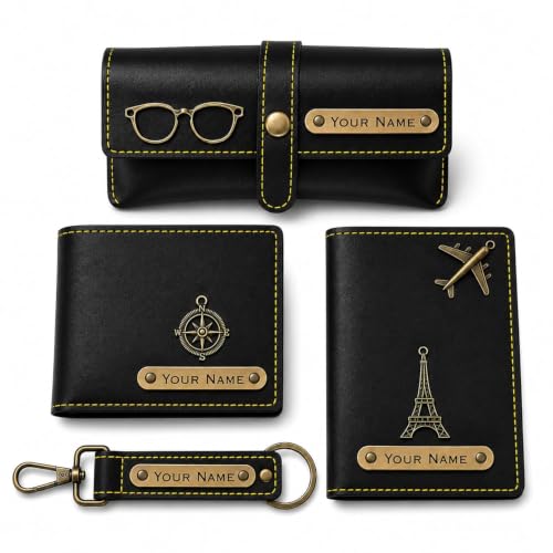 Image of Customized Wallet Combo Gift Set for Men | Faux Leather Wallet, Passport Cover & Keychain with Name & Charm | Personalized Gift for Birthday, Rakhi & Anniversary (Black wkps)