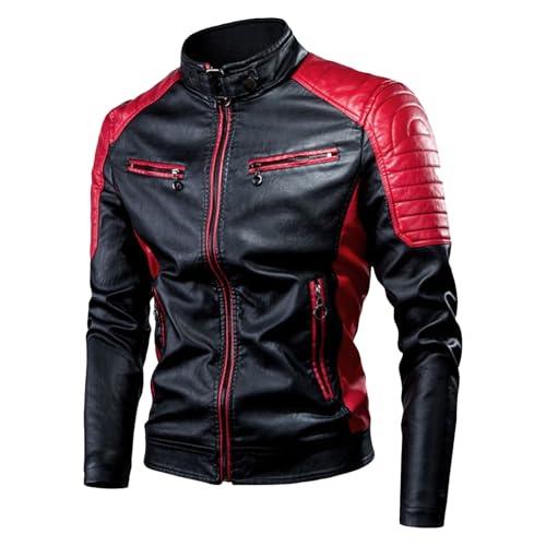 JEShifangjiusu - chamarra de piel para hombre, color block motorista, cuello alto, chamarra de piel con cierre, estilo clásico, Rojo -, 5XL