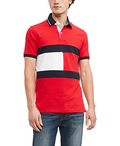 Image of Tommy Hilfiger Men's Short Sleeve Cotton Pique Flag Graphic Polo Shirt in Custom Fit