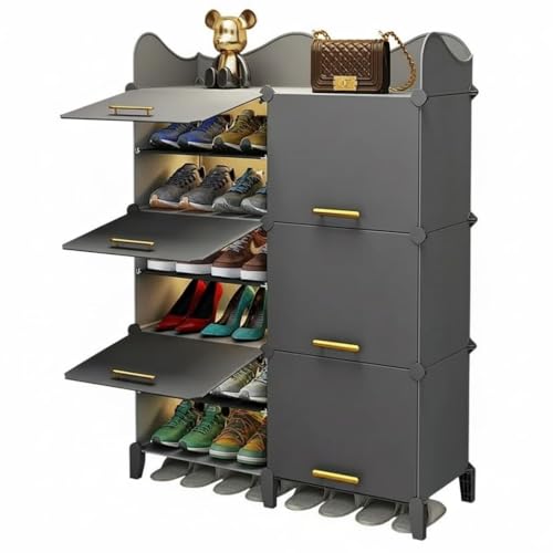 Image of Modular Shoe Rack Organizer with Drawer Storage, Multi-Layer Foldable Shoe Cabinet with Dustproof Doors for Home Entryway Bedroom (Grey-HG, 6-Door)