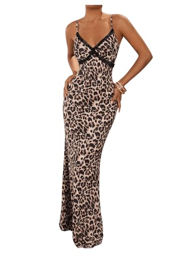 GORGLITTER Women's Cheetah Leopard Print Bodycon Maxi Dress Y2K Animal Print Lace Spaghetti Strap Cami Dresses