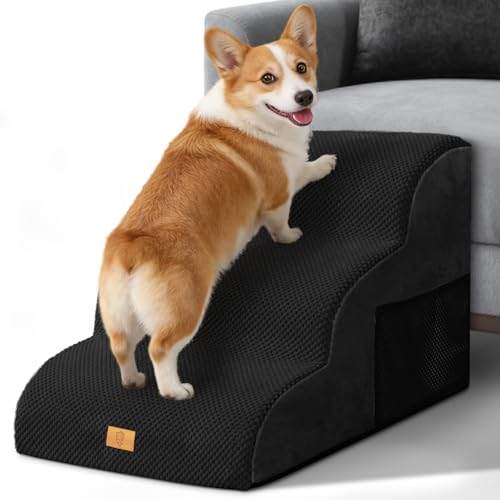 Thihome Hundetreppe für Kleine Hunde, Haustiertreppe 3 Stufen, Hochdichtem Schwamm Hundetreppen 40cm Hoch, Hunde Treppe mit Waschbarem Bezug, Rutschfestem Hunderampe für Bett & Sofa, Schwarz