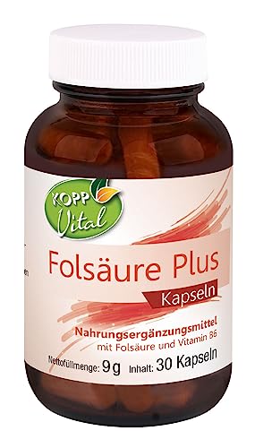 KOPP Vital® Folsäure Plus | 30 Kapseln | 9 g | Maximale Qualität | Nahrungsergänzungsmittel | Hochwertiges Akazienfaserpulver | Vitamin B6