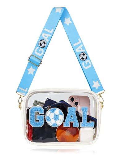 Clear Bag for World Soccer Cup 2026 Stadium Approved Chenille Crossbody Fanny Pack for Stadium Events Concert Travel Game Day Clear Purse with Shoulder Strap Gifts for Women Men (Light Blue-White)