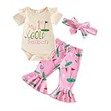 Lenjindjer ベビーガールゴルフアウトフィット 半袖 My First Golf Season ロンパース フレアパンツ ヘッドバンド 幼児 夏服セット, アプリコット, 6-12 Months