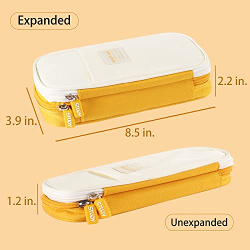 Honfersm Pencil Case Large Storage Pens Pouch With Zippers 5 Compartments Durable Canvas Stationery Organizer Bag Office Supplies Gifts For Teachers,Men And Women - Yellow & Beige #TOP4
