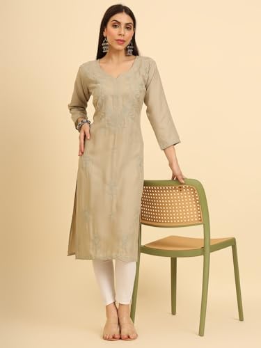 Image of Women's Chikankari-Lucknowi Embroidered Work | 3 /4 Sleeve | Knee Length | Round Neck | Cotton Fabric | Straight Kurta
