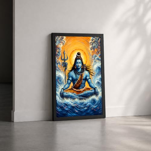 Image of Lord Shiva Premium Framed Wall Poster (12x18 Inch) | Shiva Meditation Wall Art | Hindu Spiritual Decor with Trishul & Ocean Waves for Puja Room, Bedroom, Living Room & Meditation Space