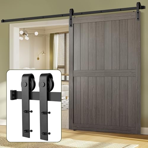 Moquin Kit de herrajes para puerta de granero, kit de herrajes para puerta corrediza de alta resistencia de 8 pies, riel plano de acero al carbono resistente, suave y silencioso, ajuste máximo para