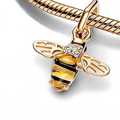 Gold Bee Sparkling Dangle Charm Fit Women Bracelet Necklaces Fashion Gifts 925 Sterling Silver DIY Jewelry3