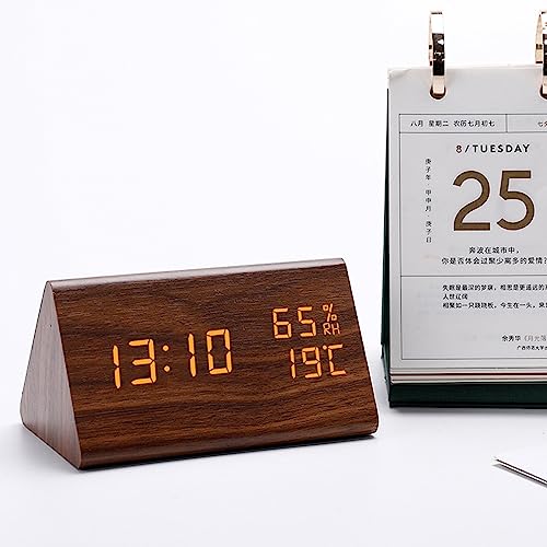 Reloj digital de madera LED triangular con higrómetro y alarma de diseño minimalista 7