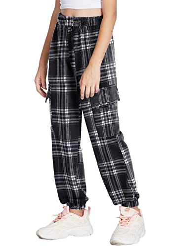 Arshiner Girls Cargo Pants, Elastic Waist Loose Multi Pockets Cargo Jogger Pants For Girl Black Plaid 7-8 Years #TOP7
