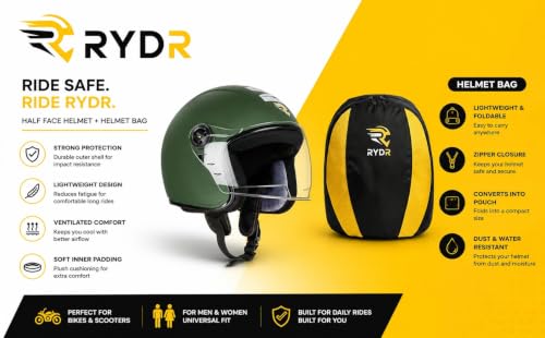 Image of RYDR Urban Q-7 Half Face Helmet for Men & Women | ISI Certified Bike Helmet | Lightweight, Ventilated & Aerodynamic Design | Shock-Absorbing Interior with Comfortable Padding