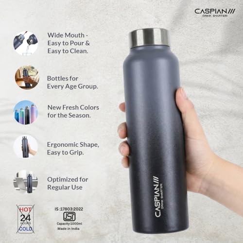 Image of CASPIAN / / / Astra ISI Certified Stainless Steel Water Bottle 1 ltr. (Graphite, 1 Litre) | Leak Proof Thunder for Fridge Home Office Travel School Kids Boys Girls Adults Sports Gym Yoga Gift| BPA Free