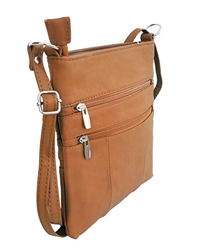 Roma Leathers Mini Cross Body Purse - Multi Pocket Double Zipper Handbag - Premium Light Brown Leather - Adjustable Shoulder Strap - Convenient Travel Bag - Designed in the U.S.A.3