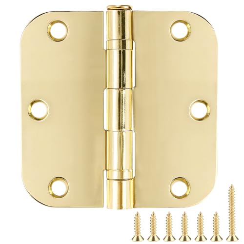Image of 24 Pack Ball Bearing Round Polished Brass Door Hinges 3.5 Inch 5 /8 inch Radius Anti Squeak Interior 3-1 /2 inchFlat Bifold Standard Bedroom Indoor for Doors 3 inch Hardware Essentials Home Decor Accessories