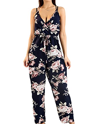 JQJ Womens Floral Print Casual Jumpsuits Rompers V Neck Adjustable Strappy Slightly Flared Leg L