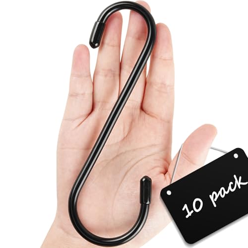 10 Pack Heavy Duty S Hooks, 6 Inch Vinyl Coated Large S Hook for Hanging Plants, Non Slip Black S Shaped Hanging Hooks for Closet, Jeans, Bags, Pot Pans, Wire Shelf Rack, Bird Feeders, Garage, Tools