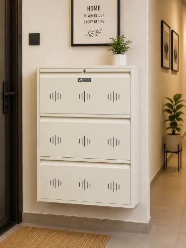 Image of StayHappy Wide Wall-Mounted and Freestanding Metal Shoe Rack Cabinet | Key Lock | Compact Design | Thick Metal Layer for Durability | Powder-Coated Steel | Crafted in Bharat. (White, 3 Door)