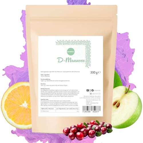 Polvere pura D-mannosio 500 g con misurino - 250 giorni scorte - senza additivi, qualità tedesca - ad alto dosaggio, ben solubile, vegano, senza ingegneria genetica | Nutritec