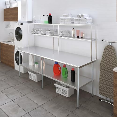 Image of AmGood Stainless Steel Work Table with 12 inch Wide Double Tier Overshelf | Metal Kitchen Prep Table & Shelving Combo | NSF (Stainless Steel Table with Double Overshelves, 96 inch Long x 30 inch Deep)