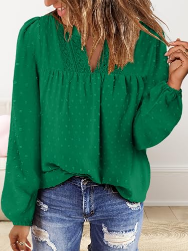 BETTE BOUTIK Women Boho Long Sleeve Shirts Dressy Casual V Neck Fall Fashion Tops Swiss Dot Flowy Blouses