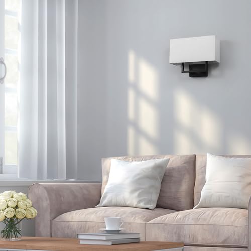 Image of Globe Electric 2-Light Wall Sconce, Matte Black, White Linen Shade, Rectangular Cutout Body, Dimmable, 65000081