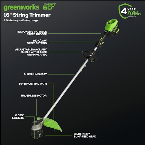 Image of Greenworks 60V 16 inch Brushless Cordless 16 inch String Trimmer, 2.5Ah Battery, Rapid Charger + Bonus 4.0Ah Battery