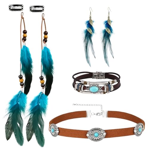 4 Vintage Indian Boho Karneval Accessoires Indianer Feder Haarschmuck Clip Feder Ohrringe Drop Leder Choker Halskette Leder Wrap Cuff Armband Boho Stammes-Schmuck für Damen Karneval Tribal Kostümparty