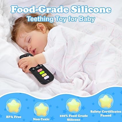 Deriz Remote Silicone Baby Teether with Thread – Food Grade Silicone Toy for 3+ Months, Teething Relief, Biting Skills, Colour & Shape Recognition, Safe for Infants, Babies & Toddlers 3
