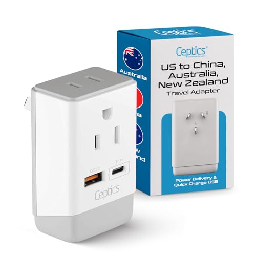 Image of Ceptics Australia China New Zealand Power Plug Adapter, QC 3.0 & PD - Safe Dual USB & USB-C - 2 USA Socket for USA to Australian New Zealand Fiji Argentina, Type I AP-16 Fast Charging