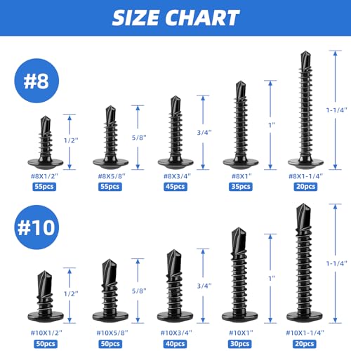 Besitu 400PCS Self Tapping Screws, 410 Stainless Steel Self Drilling Screws #8#10 Black Oxide Sheet Metal Screws, Length 1/2" to 1-1/4'', Truss Head Wood Screws Assortment for Metal, Plastic and RV