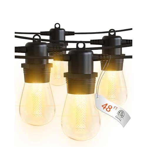JACKYLED 48FT LED Outdoor String Lights, Commercial Grade Patio Lights Waterproof Shatterproof, String Lights for Outside Edison Hanging Lights, Connectable, ETL Listed