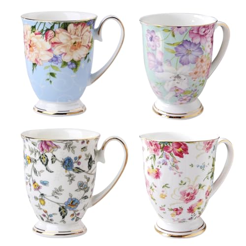 MIATTCLD 4 Piece Floral Bone China Mug Set - Wide Tea Coffee and Hot Chocolate Cups - 11 oz / 312ml
