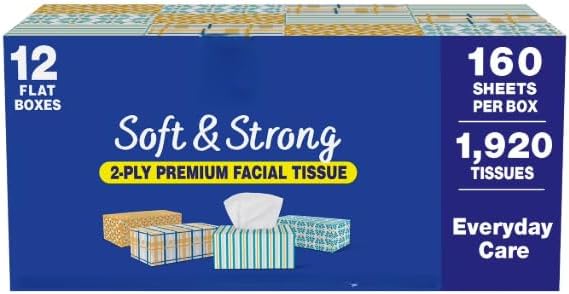 Soft & Strong 2-Ply Premium Facial Tissue, 12 Flat Boxes, 160 Sheets per Box, 1,920 Total Tissues