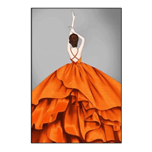 Toile peinture femme robe orange moderne et abstrait pour décoration murale chic 35x50cm sans cadre