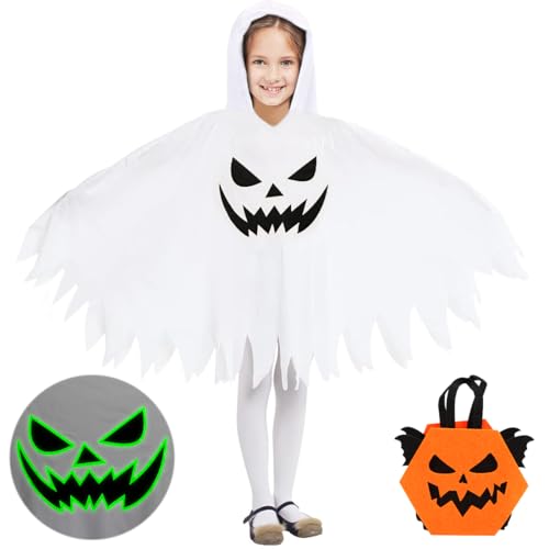 Sprinlot Geister Kostüm Kinder Halloween Umhang Gespenst Weiß Gespenster Mantel mit Kappe und Kürbis Tasche Kostüm Halloween Karneval Party Jungen Mädchen