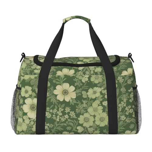 Green Floral Print Travel Duffle Bag - Foldable Personal Item Travel Bag for Women & Men,Carry-On Convertible Crossbody Tote Bags with Adjustable Shoulder Strap & Pockets 13x10.2x19.7 in