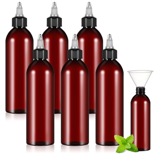 Barydat 6 Pcs 8 oz Squeeze Bottle Twist Top Applicator Bottles Empty Hair Oil Bottle with Funnels Refillable Amber Plastic Bottles for Liquid Hair Oil Shampoo Lotion
