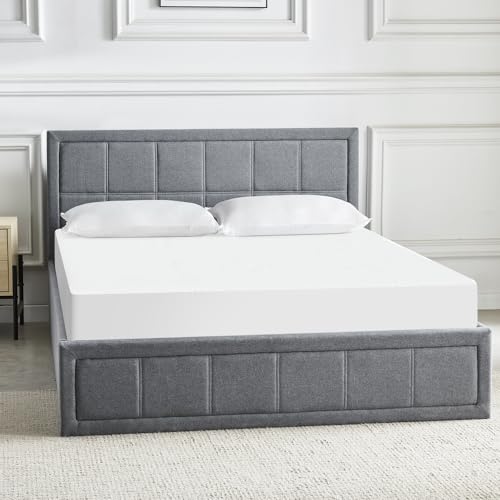 Ottoman Bed Small Double Bed Frame UKFR Linen Fabric Grey Upholstered Ottoman Storage Bed with Gas Lift End Opening Wooden Slats with Storage Bed (4ft Small Double 130 x 204, No Mattress)