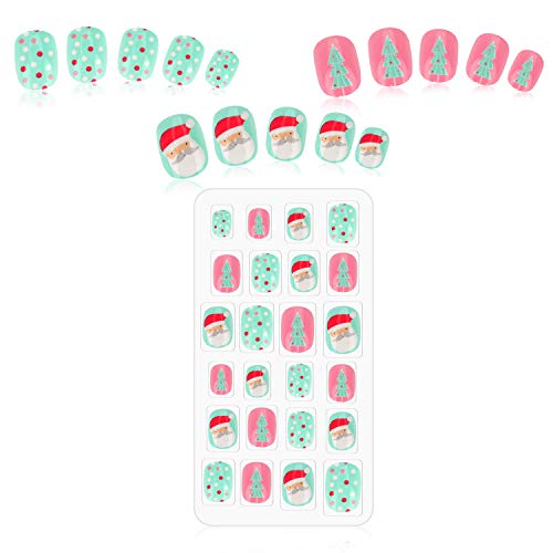 Kids Christmas False Nails Pre Glue Press on Artificial Nail Tip Girl Fake Fingernail Kit Full Cover Short for Children Nail Art Decoration - Thumbnail 5