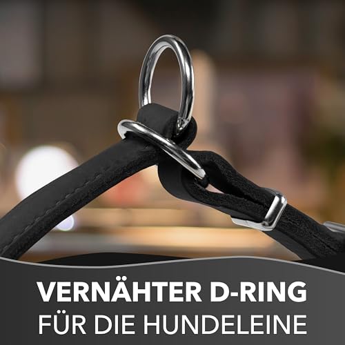 Rund & Weich - Zugstopp Hundehalsband Schwarz XL - 60cm Lederhalsband mit Zugbegrenzung und Verstellbarer Schnalle, Dressurhalsung, Zugstopper, robust, Rindsleder